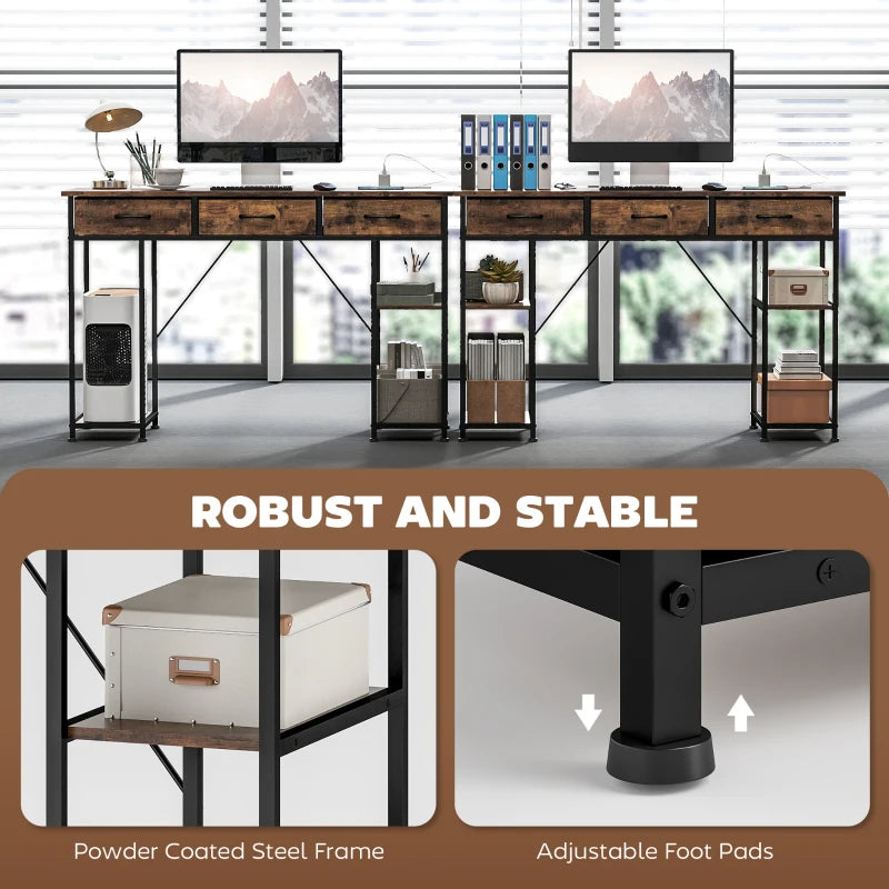 Rustic 120cm Computer Desk with Power Outlets, Fabric Drawers & Storage Shelves - Stylish Office Study Table in Brown