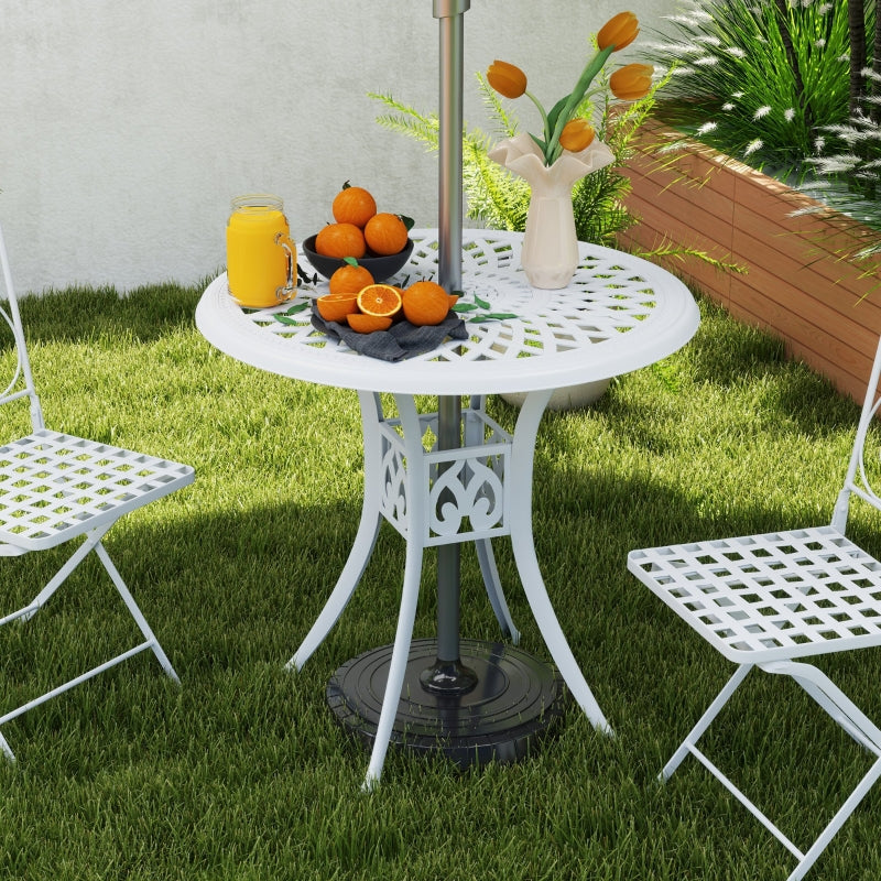 78 cm White Round Garden Dining Table with Parasol Hole - Antique Cast Aluminium Outdoor Table
