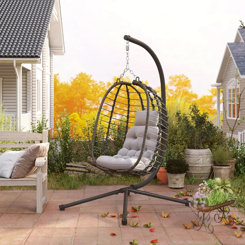 Light Grey Rattan Hanging Egg Chair with Cushion, Adjustable Height, Steel Frame for Indoor Outdoor