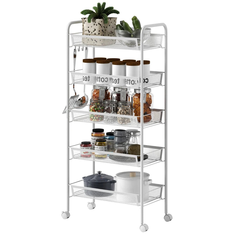 Five-Steel Mesh Storage Trolley with Wheels - Versatile White Basket Organizer for Home, Office, and Kitchen