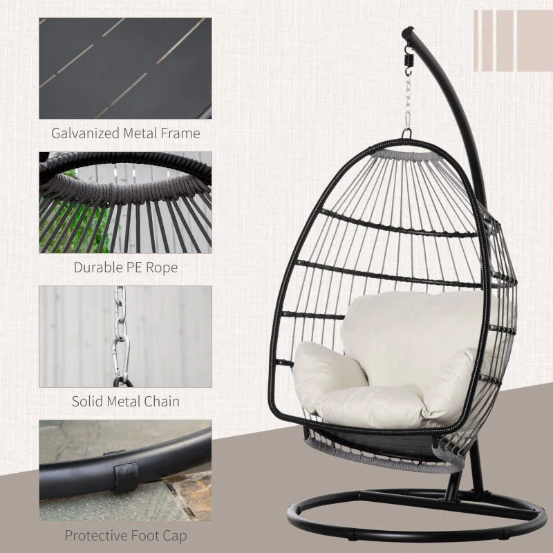 Black Rattan Hanging Egg Chair with Cushion and Stand