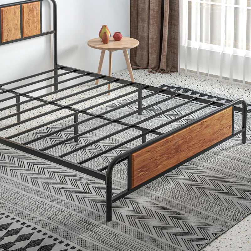 5.2ft King Bed Frame with Industrial Wood Headboard, Steel Slats & 31cm Underbed Storage - Rustic Brown, 160x207cm