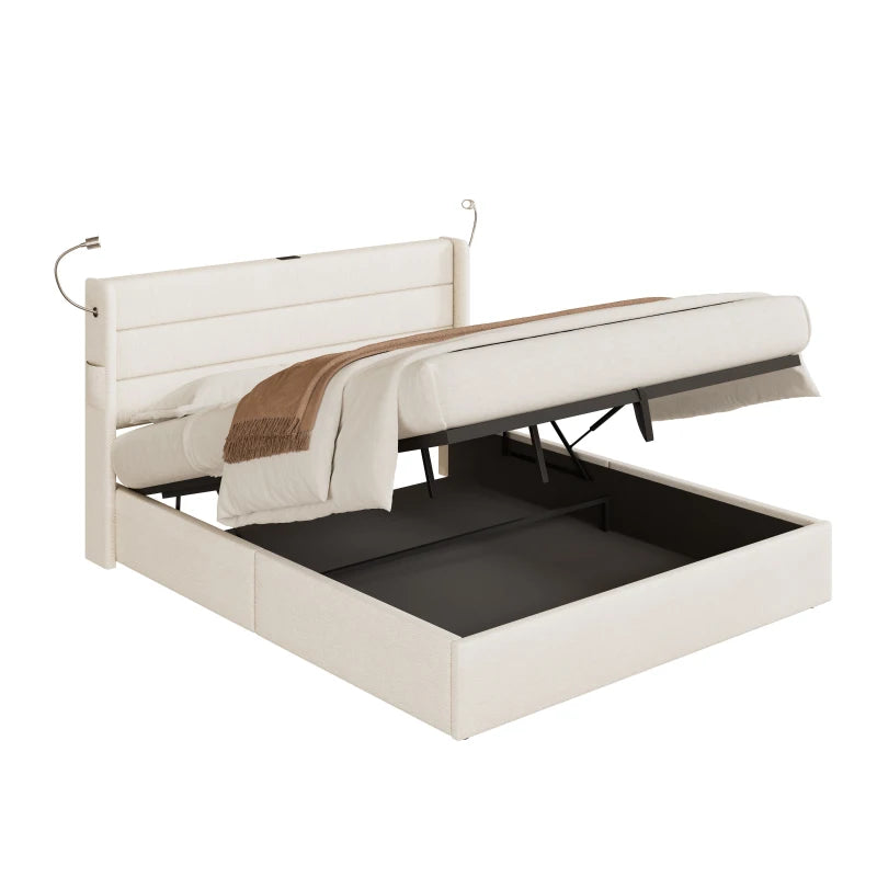 King Upholstered Bed with Hydraulic Storage & LED Reading Light - Beige, 208L x 158W x 113H cm, Stylish Headboard