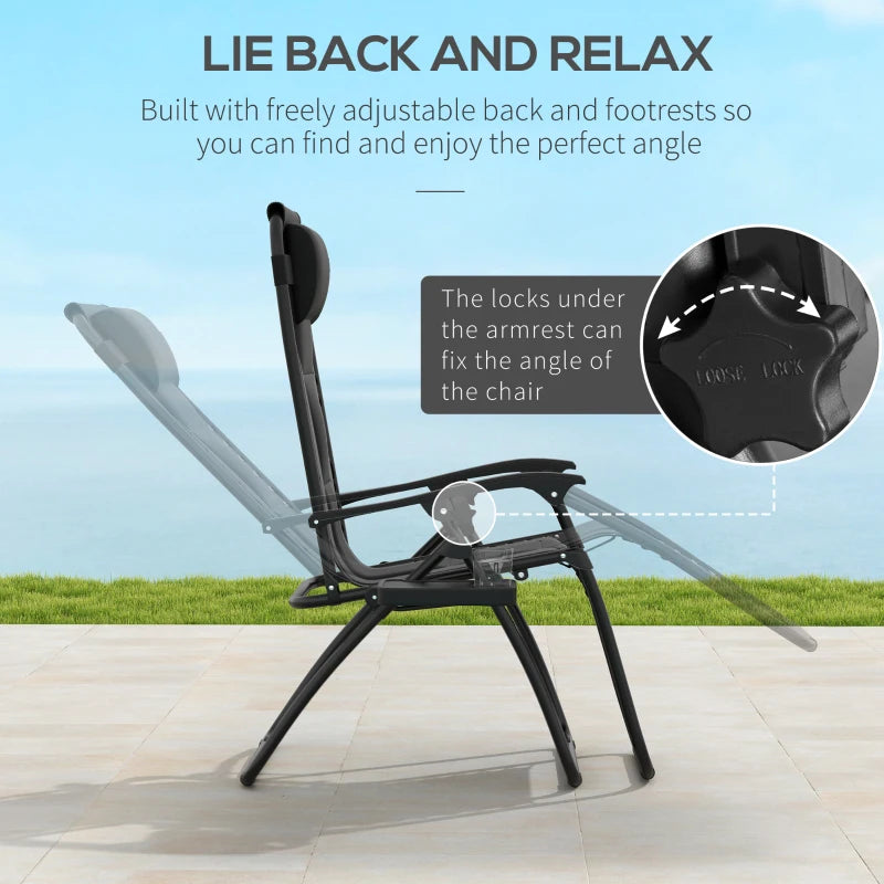 Black Sun Lounger Chair Set of 2 - Folding Reclining Patio Chairs with Padded Seat, Cup Holder, Soft Cushion and Headrest - Black