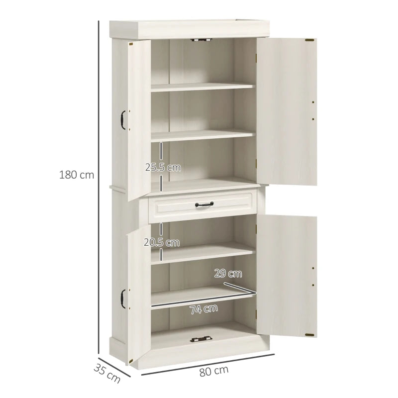 Stylish 180cm White Wood Grain Kitchen Cupboard - 4 Door Freestanding Storage Cabinet with Wide Drawer & Shelves for Living Room