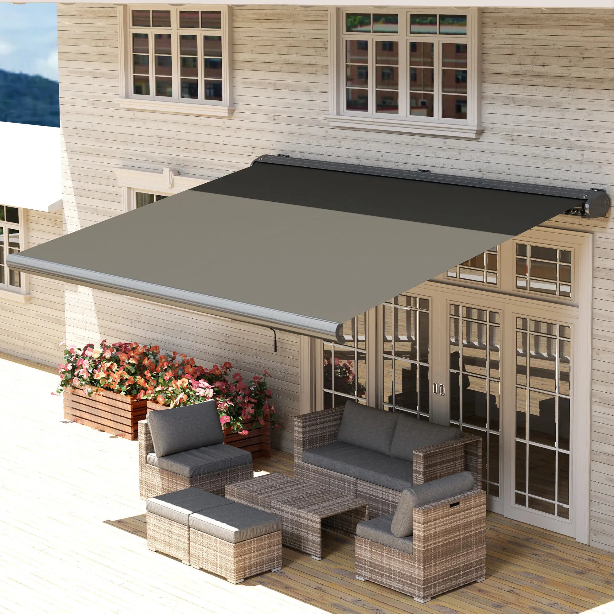 4m x 3m Retractable Electric Awning With Remote and Dark Grey Aluminium Frame UPF50+