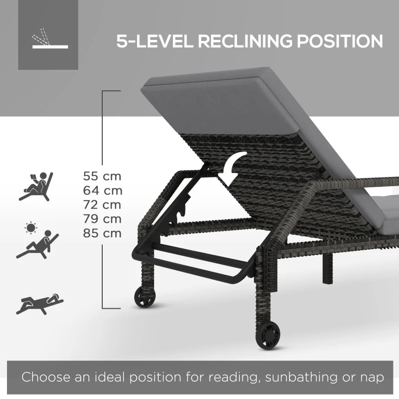 Rattan Wicker Outdoor Sun Lounger - Grey, Adjustable Backrest, 2 Wheels
