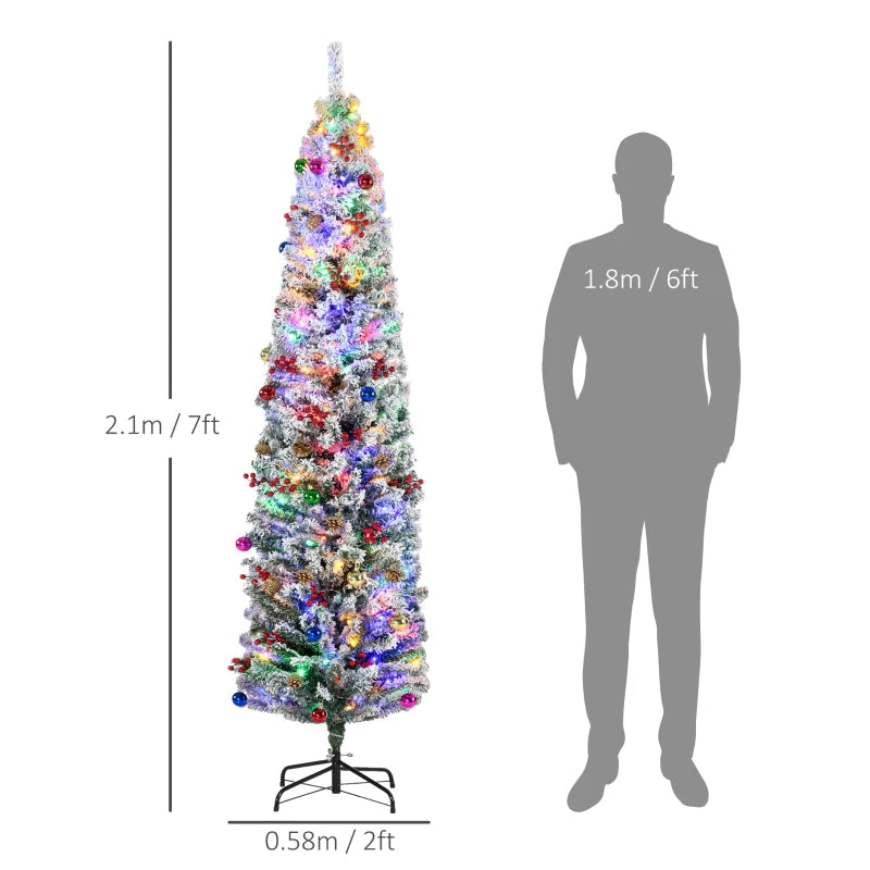 7ft Snowy Artificial Christmas Tree with Lights, Pine Cones & Decorations - Perfect Holiday Home Decor