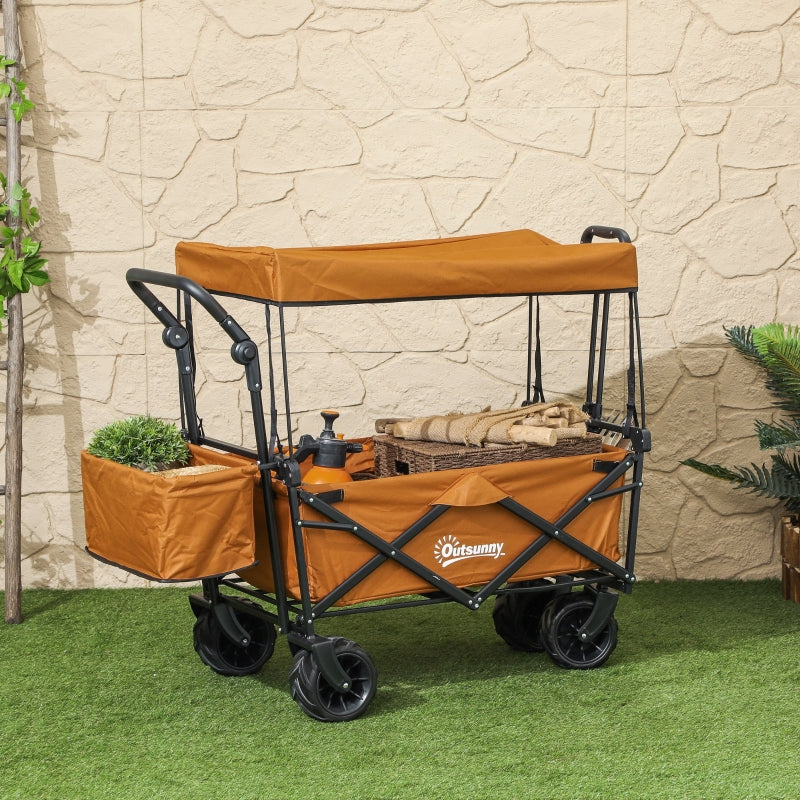 Folding Trolley Cart Storage Wagon - Orange 4-Wheel Beach Trailer with Canopy for Shopping and Camping