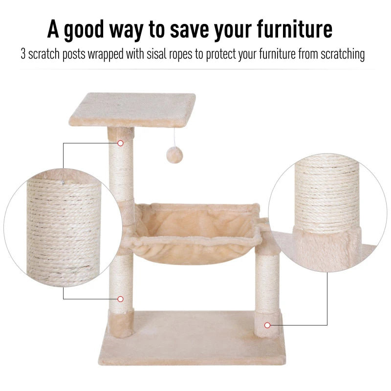 Beige Cat Scratch Post with Bed - Indoor Cat Tree & Hammock, Sisal Scratching Posts for Active Kittens