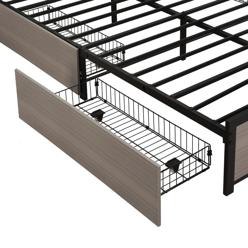 Metal Double Bed with LED Light Strip, 4 Drawers & 3 USB Ports - Stylish Gray Bedroom Furniture, 207x135.5x105 cm