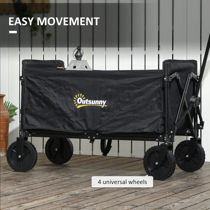 120L Folding Garden Trolley Cart - Black Outdoor Collapsible Wagon with Wheels & Adjustable Handle for Beach, Camping & Festivals