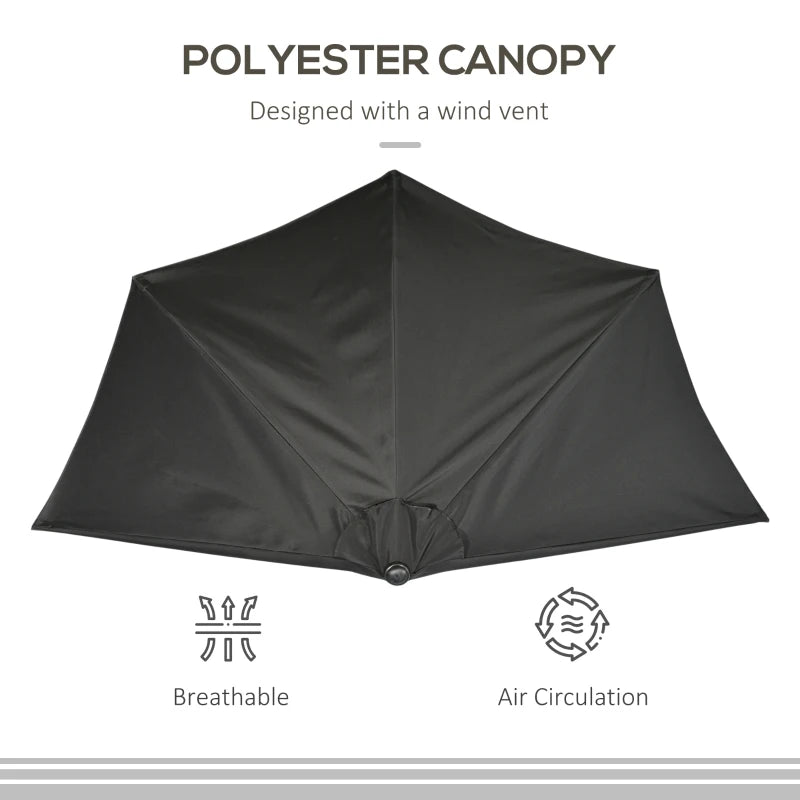 Black 3m Half Round Patio Umbrella with Crank Handle - No Base