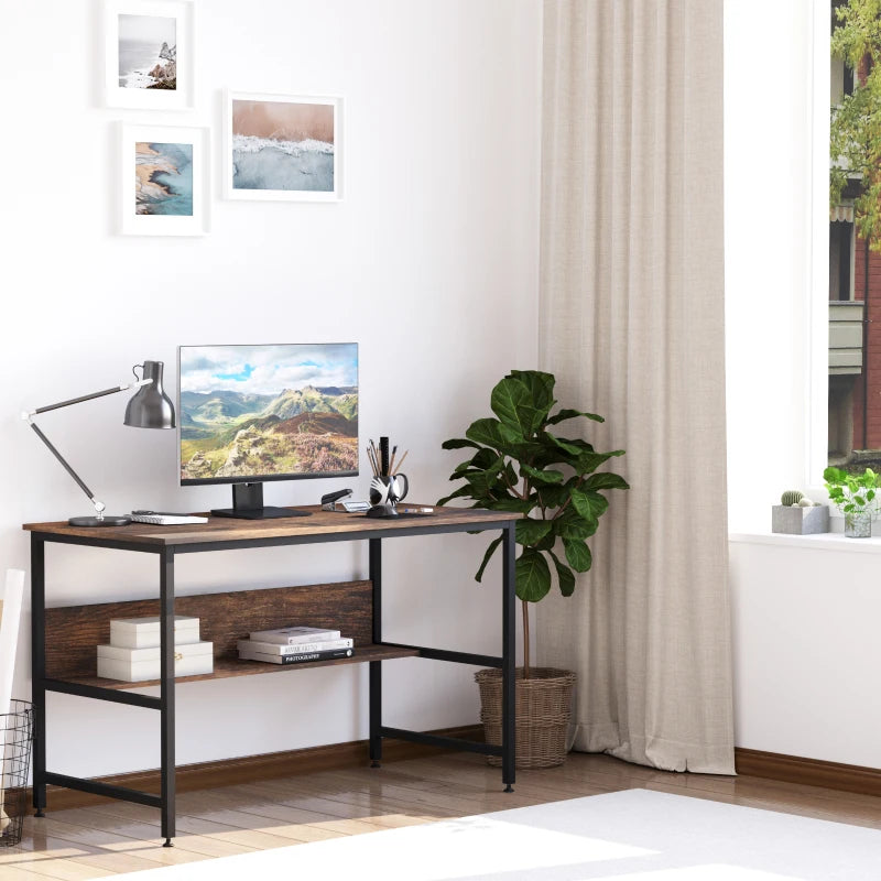 Rustic Brown Computer Desk with Storage Shelf - 120x60cm Home Office Study Table, Metal Frame, Easy Assembly