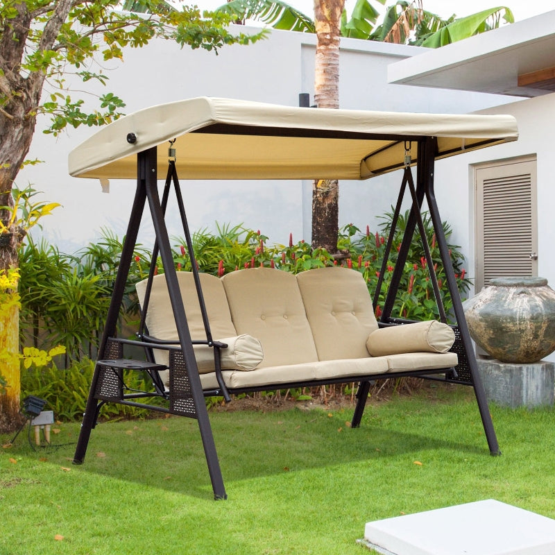 Beige 3-Seater Swing Hammock Chair with Canopy and Cushion
