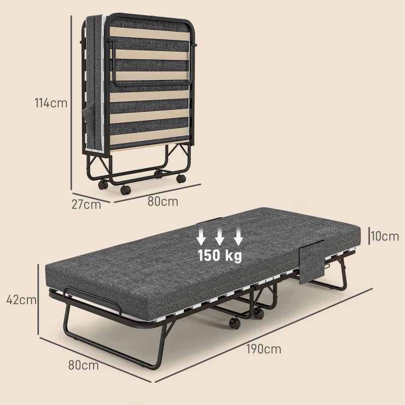Portable Folding Bed with Wheels Steel Frame for Easy Storage and Travel Black Grey