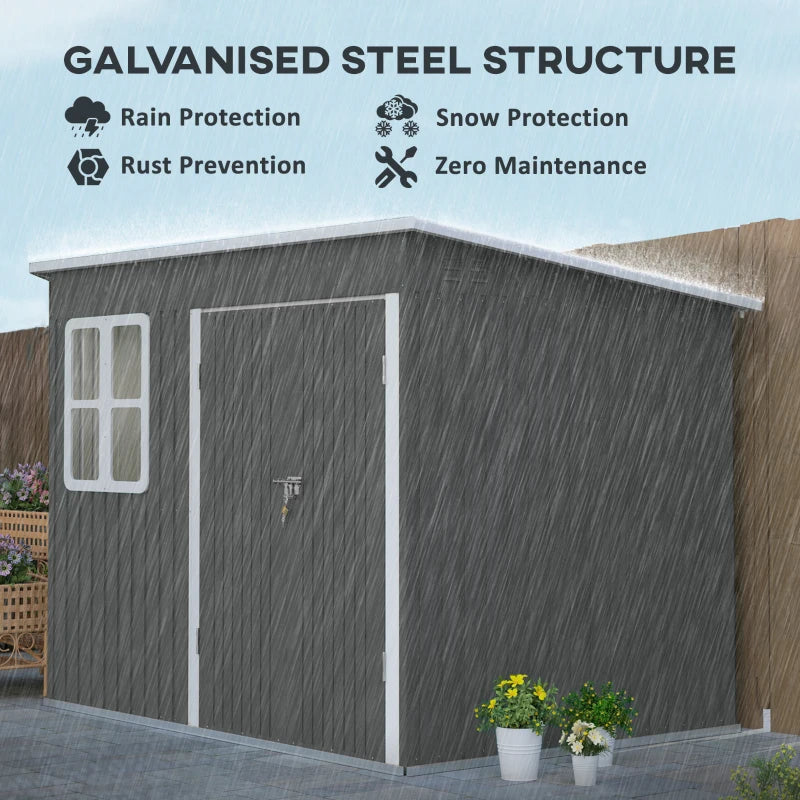 8.5 x 6ft Dark Grey Galvanised Steel Storage Shed - Metal Garden Shed with Foundation Kit, Window, Lockable Wide Doors & Air Vents for Outdoor Patio