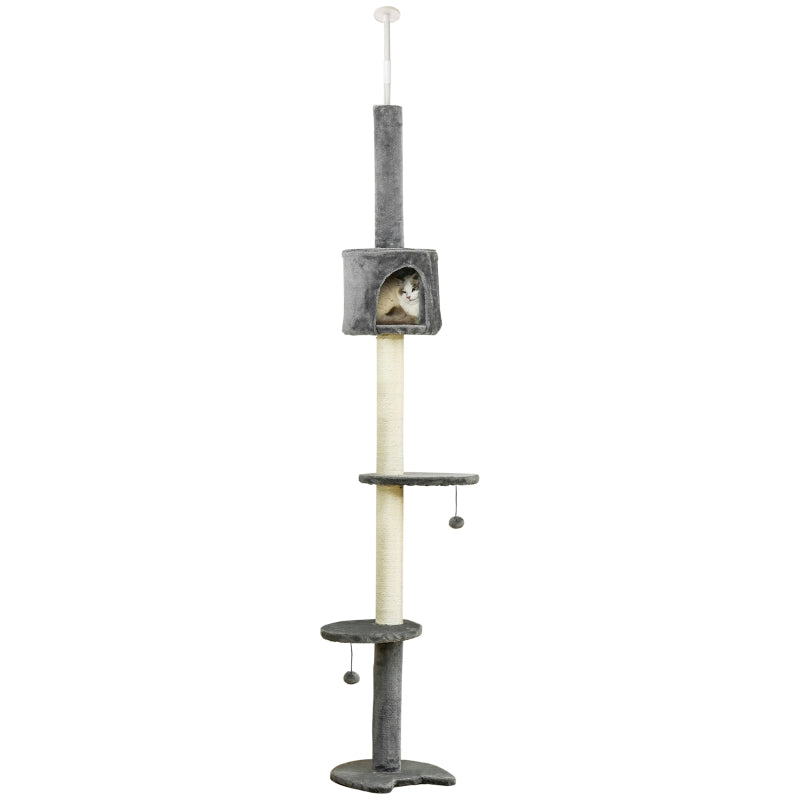 Light Grey Floor to Ceiling Cat Tree - Multi-Layer Condo & Activity Center for Indoor Cats with Scratching Post & Hanging Balls