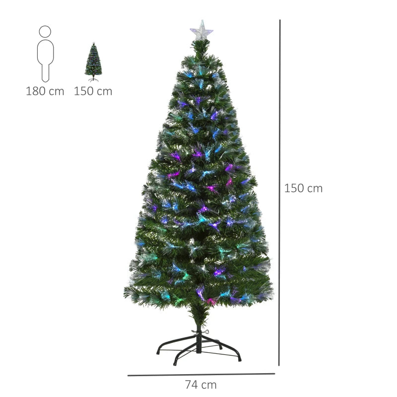 5FT Multicoloured Artificial Christmas Tree with Fibre Optic Lights, Pre-Lit Modes, Metal Stand & Star Holder - Festive Home Decoration