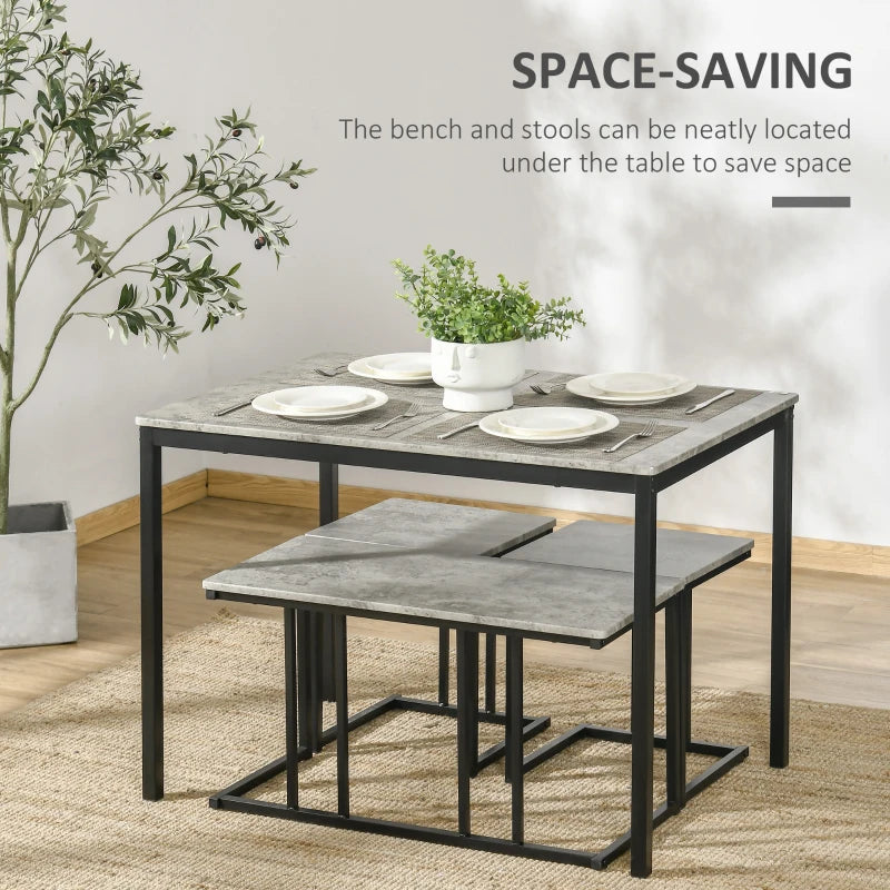 Concrete Effect Dining Table and Chairs Set for 4 - Stylish Kitchen Bench Set with Steel Frame, Grey 4-Piece Dining Room Furniture
