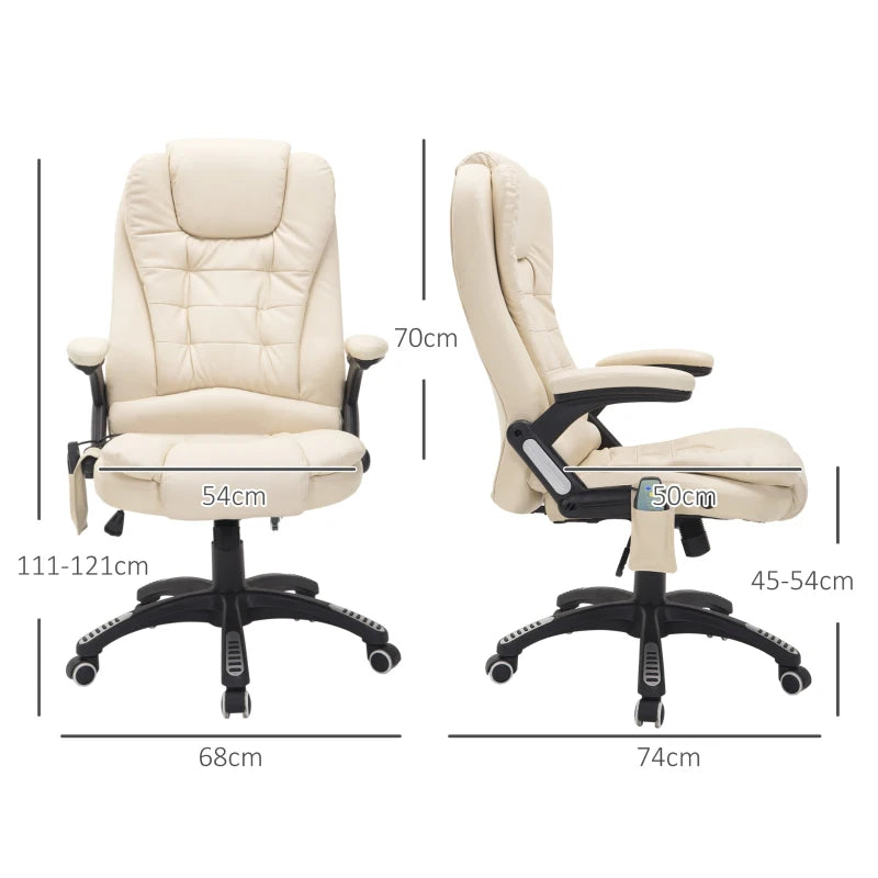 Beige 6-Point Massage Office Chair with Heated Seat - PU Leather High Back Executive Desk Chair, Adjustable Height & 360° Swivel