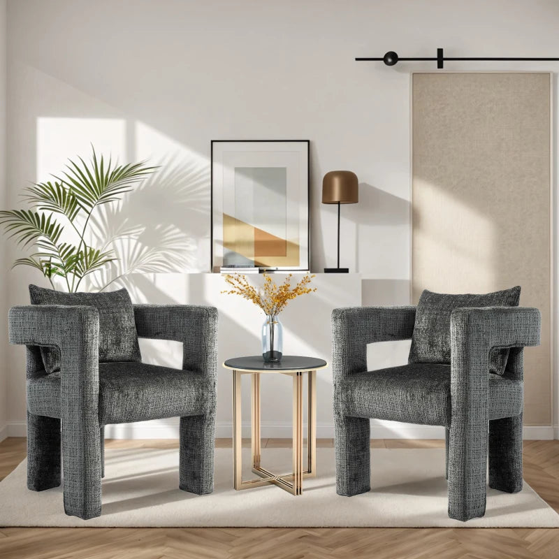Set of 2 Modern Sofa Chairs with Hollow Armrest Design, Cushions and Pillows, Dark Grey, 60x44x65 cm