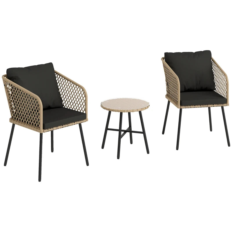 3 Piece Rattan Bistro Set with 2 Chairs, Glass Table, Cushions, Adjustable Feet, Wood Finish