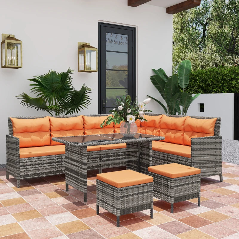 7-Seater Orange Cushioned Rattan Wicker Patio Sofa Set with Glass Table
