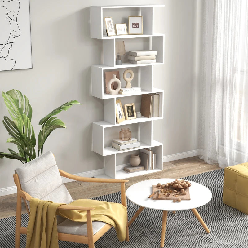 6-Tier S-Shaped Bookcase - Modern White Storage Unit & Display Shelf for Living Room, Bedroom, Home Office, Plants