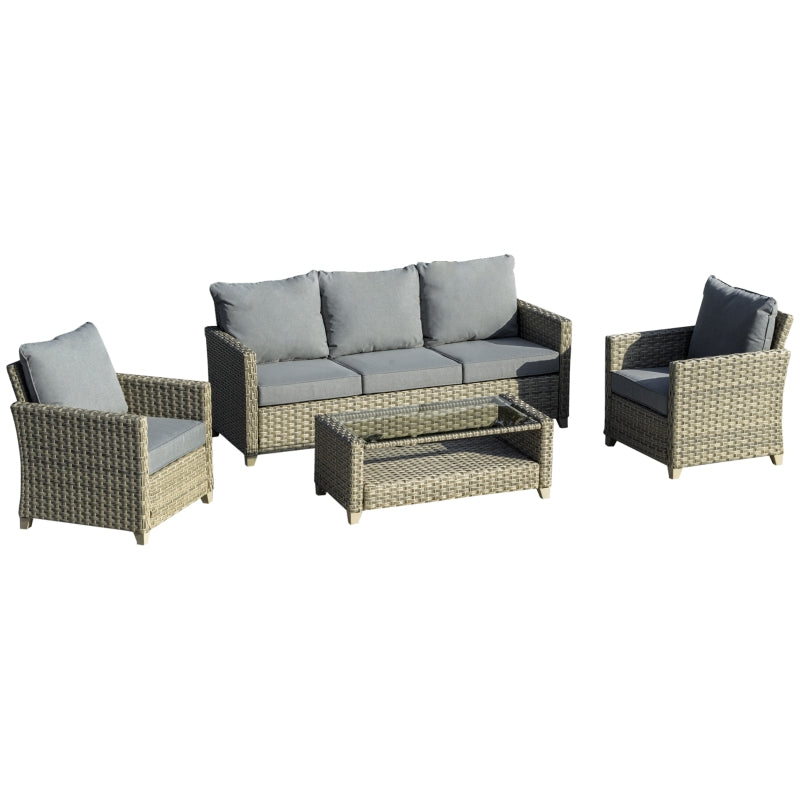 4 Piece Brown Rattan Sofa Set - 3 Seater Sofa and 2 Chairs + Coffee Table