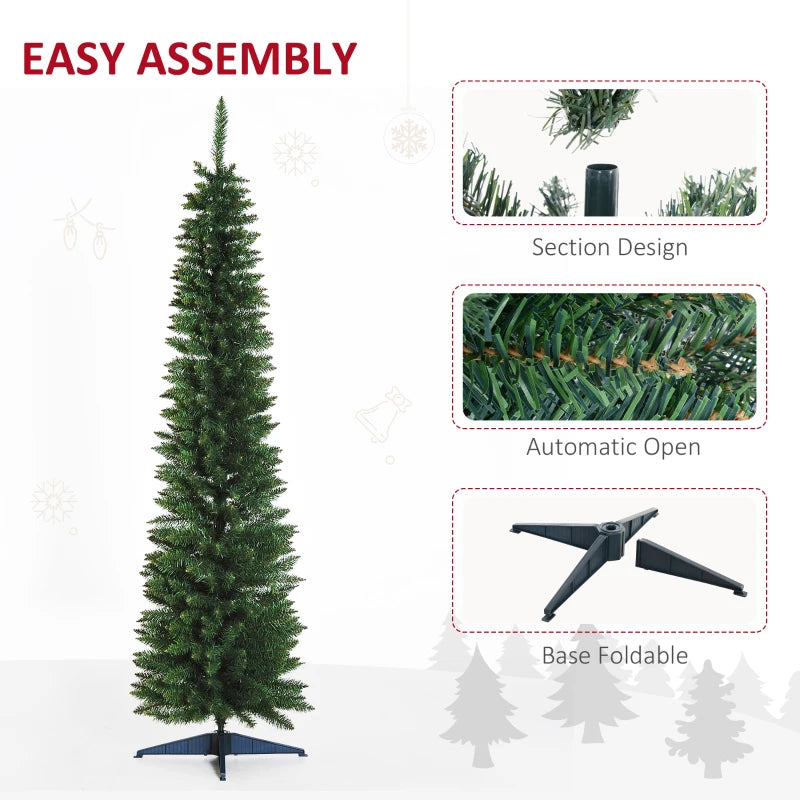 7ft Unlit Pencil Slim Artificial Christmas Tree - Realistic Green Branches with Sturdy Stand for Holiday Decor