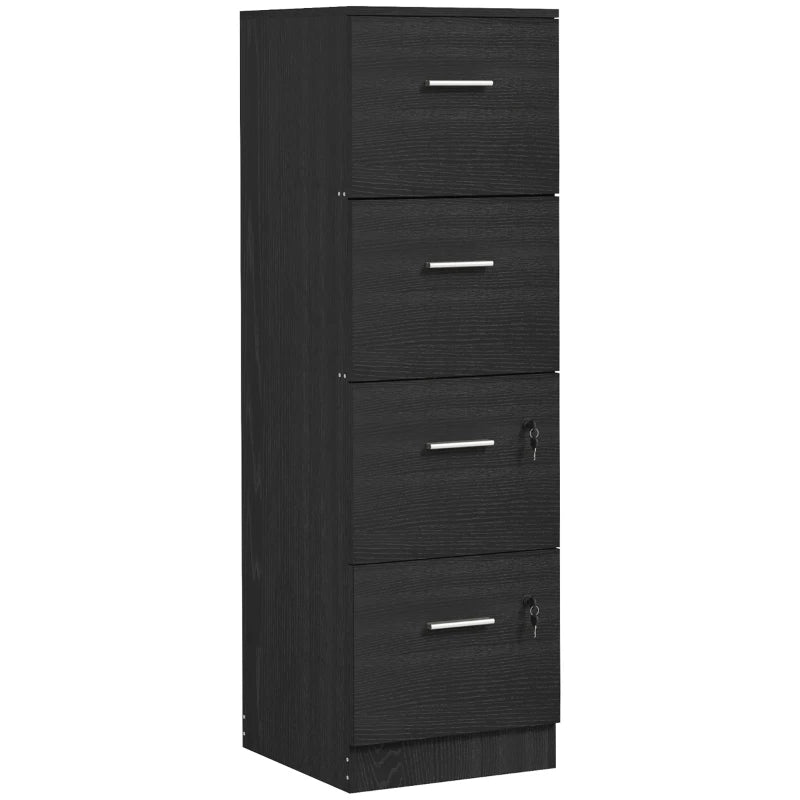 Stylish Black Wood Effect Four-Drawer Lockable Filing Cabinet for Secure Document Storage - Ideal for Home or Office