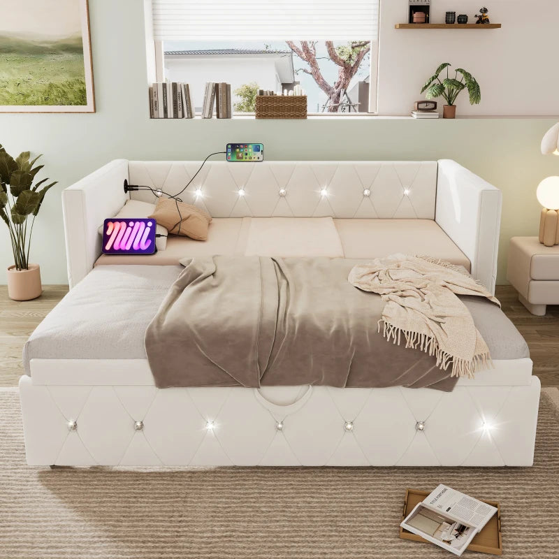 3 Seater Futon Bed with Fast Charging Ports and Removable Trundle for Overnight Guests Beige