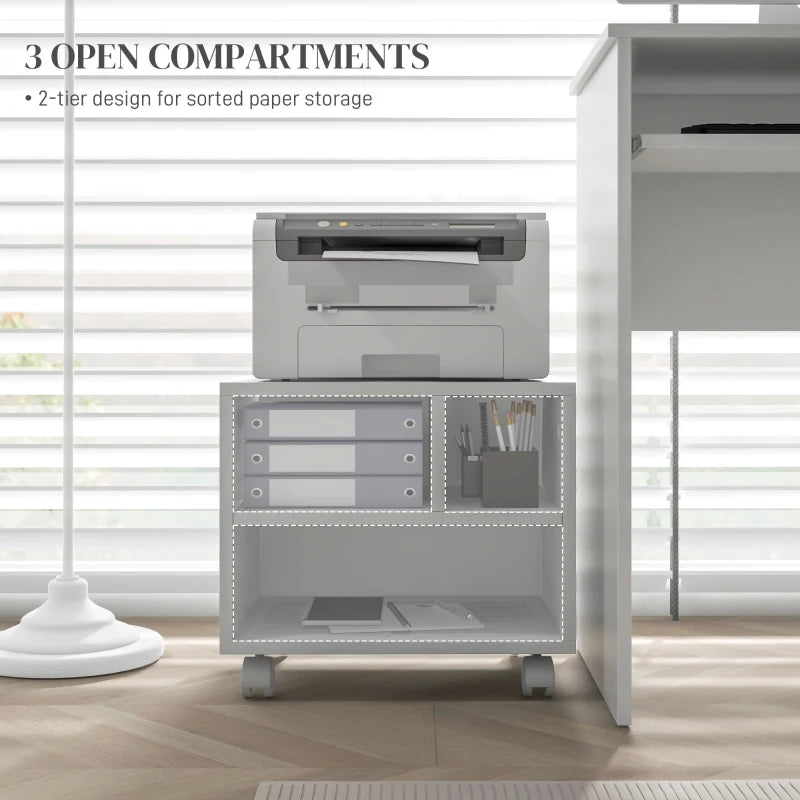 Versatile Three-Compartment Printer Cabinet on Wheels - Stylish White Storage Solution for Home Office and Workspace
