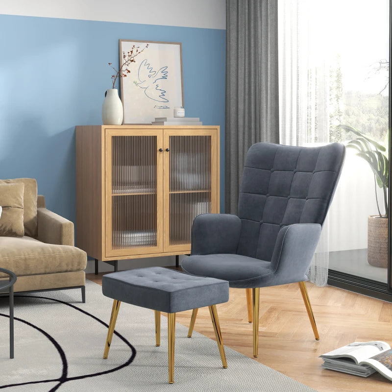 Stylish Velvet Wingback Armchair with Footstool for Living Room, Bedroom or Home Office in Dark Grey