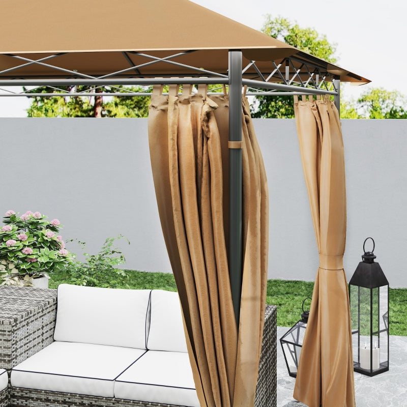 3 x 3 m Brown Garden Gazebo with Double Roof, Curtains & Solar-Powered LED Lights - Outdoor Canopy Shelter for Patio & Deck