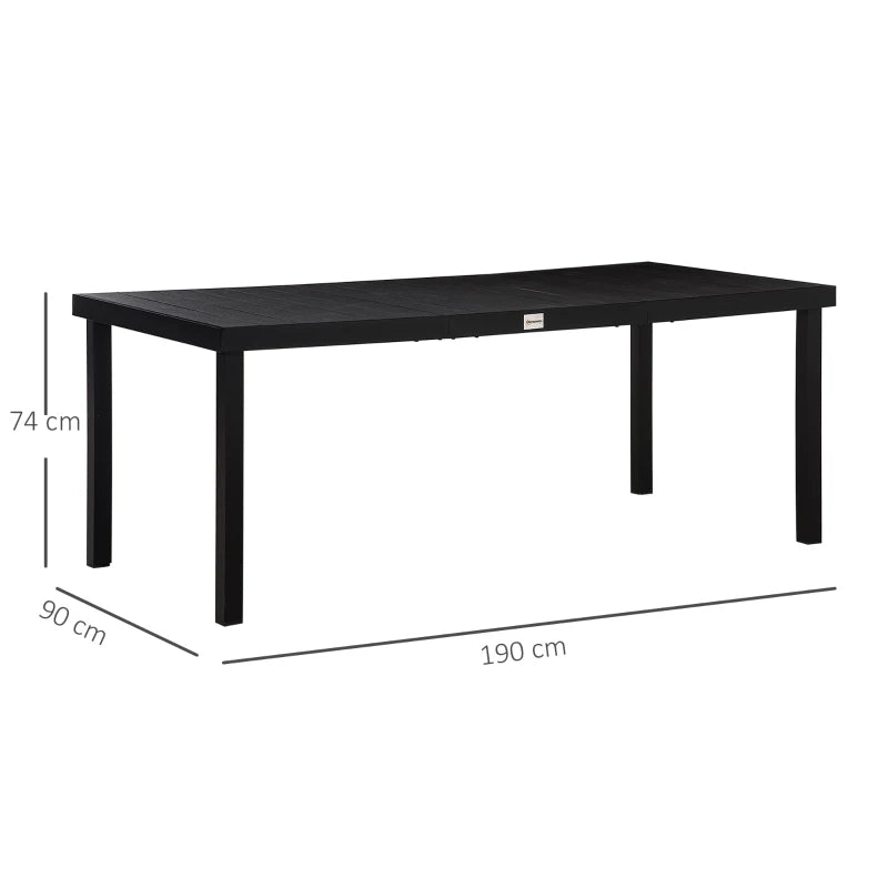 Black Aluminium Outdoor Dining Table for 8, Faux Wood Top, 190x90x74cm