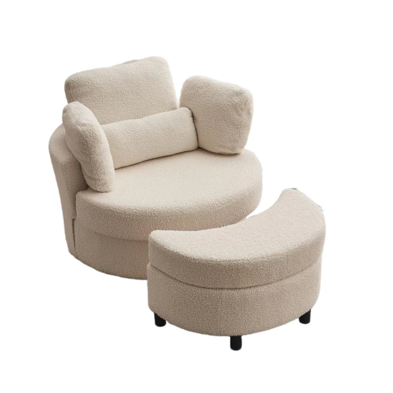Teddy Swivel Armchair with Cushions and Ottoman Stool, 360° Recliner Sofa, White, 107L x 105W x 82H cm