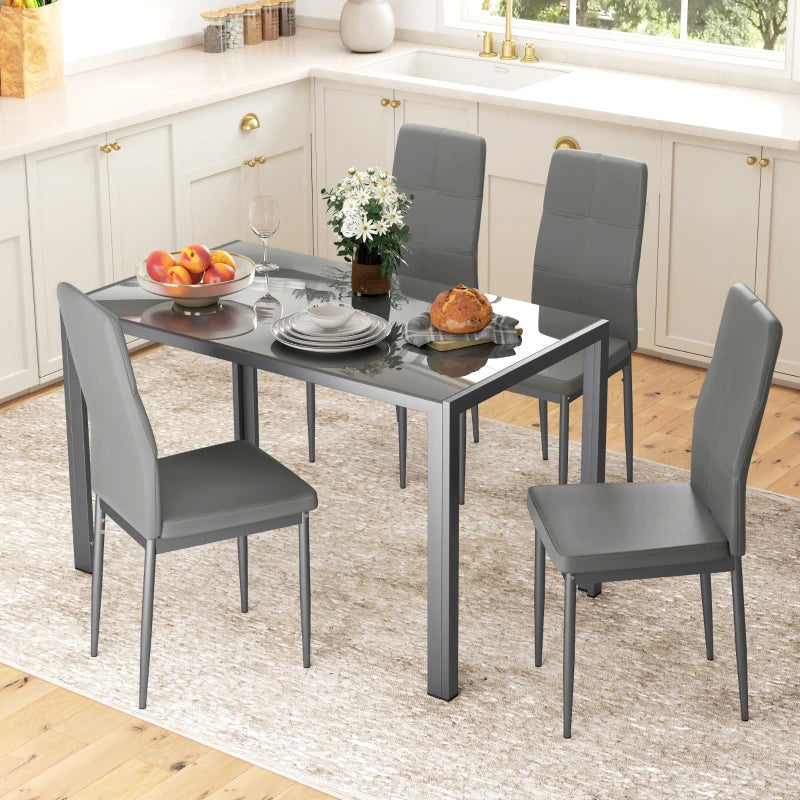 5-Piece Grey Kitchen Dining Table Set with Glass Top & 4 Faux Leather Chairs - Modern Metal Frame Design