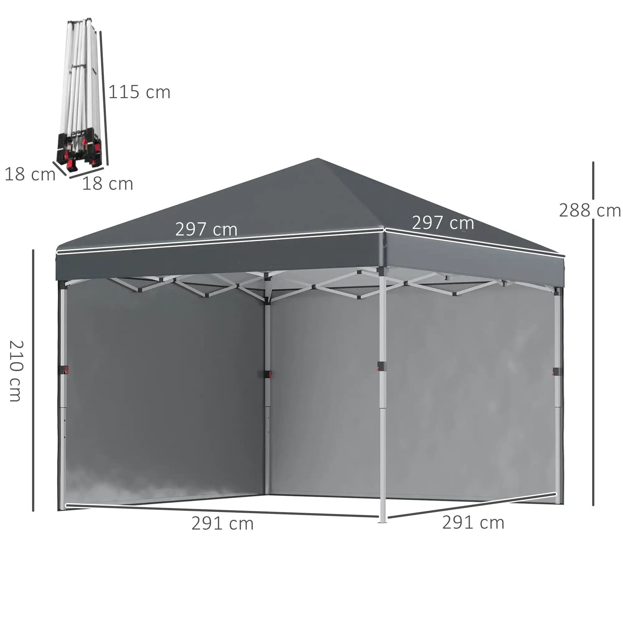Dark Grey 3m x 3m Pop Up Gazebo with 2 Sidewalls, Leg Weight Bags and Carry Bag, Height Adjustable