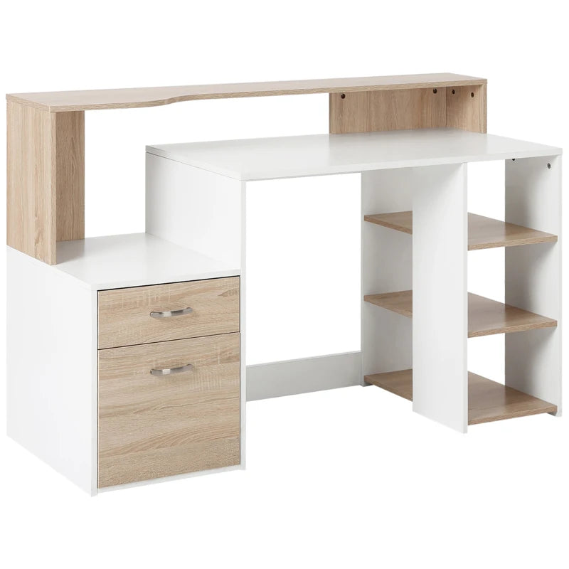 Large Oak Computer Desk with Drawers & Storage Shelves - Office Writing Table & Printer Stand for Home Office, 137x55x92cm