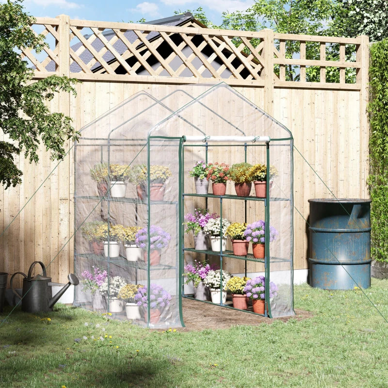 3-Tier Green Walk-in Greenhouse with Roll-up Door, Steel Frame, 143x143x195cm