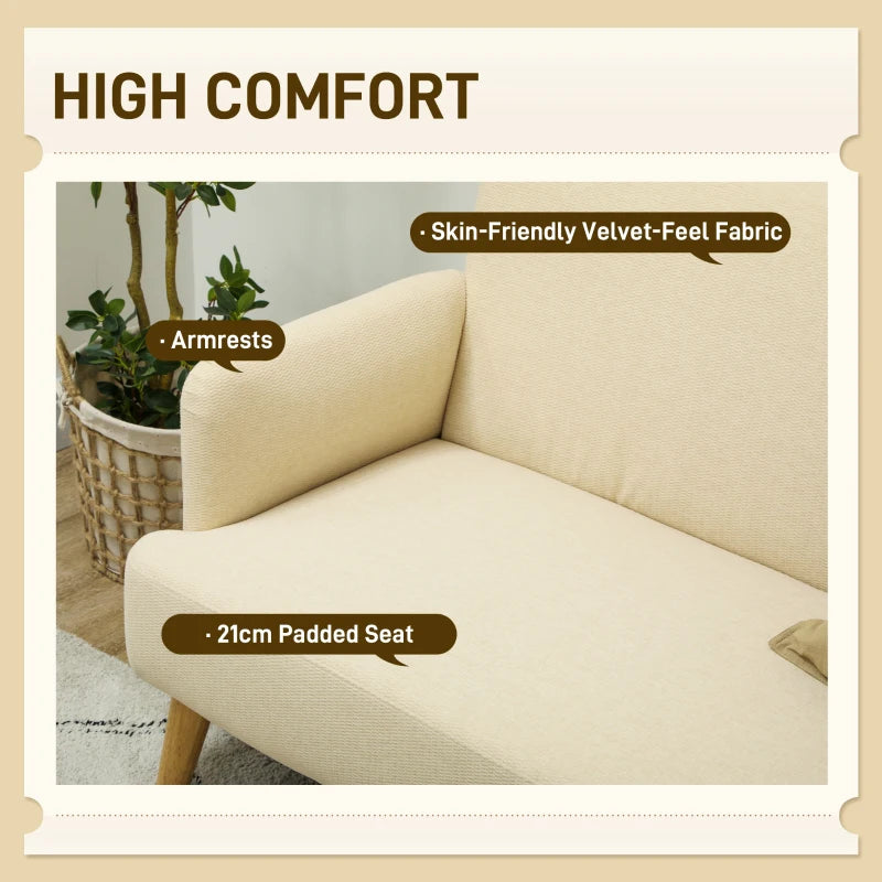 Velvet Feel Fabric 2 Seater Sofa - Small Loveseat with Thick Padding and Wooden Legs in Cream White