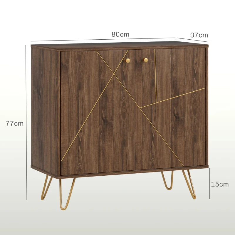 Modern Luxury Sideboard Storage Cabinet with Golden Lines, Adjustable Shelf, Steel Hairpin Legs - Brown Living Room Furniture