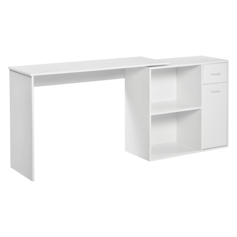 L-Shaped Corner Computer Desk with Storage Shelf & Drawer - Adjustable White Wood Grain Workstation for Home Office