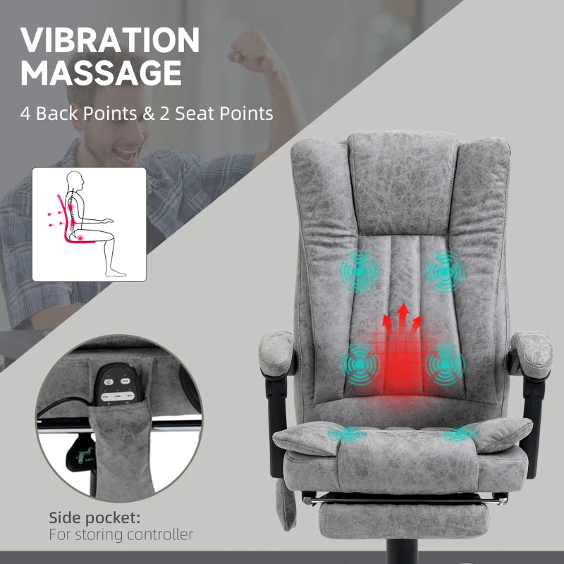 Vinsetto Grey Office Chair with Massage & Heat, Reclining Microfibre Desk Chair with Footrest, Adjustable Height & Swivel Wheels