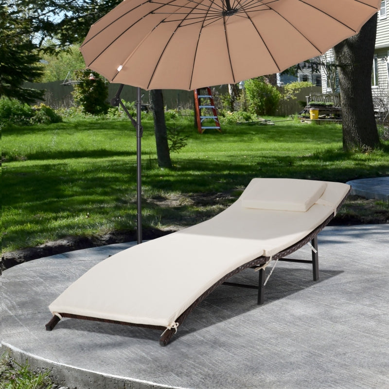 Cream White Rattan Folding Sun Lounger with Cushion and Pillow