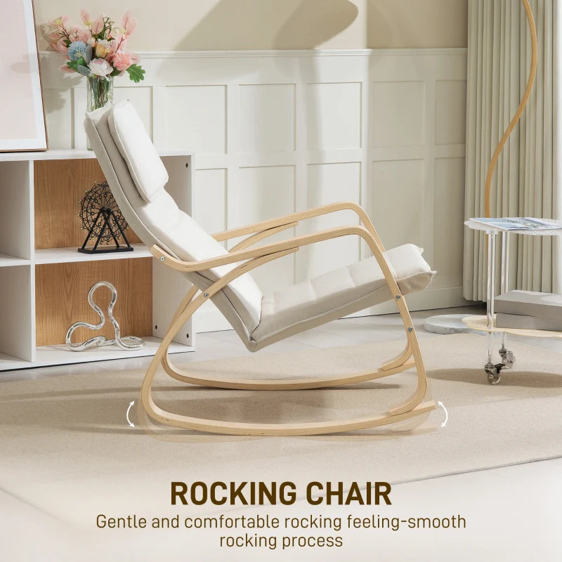 Comfortable Upholstered Rocking Chair with High Back and Headrest for Living Room and Bedroom in Cream White