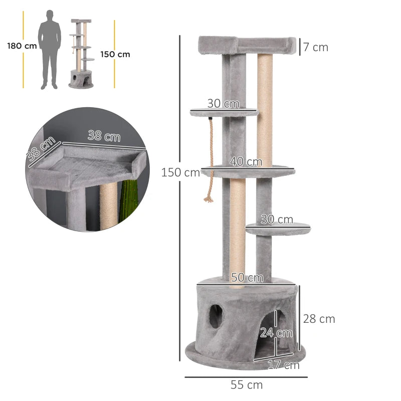 Multi-Level Cat Tree for Indoor Cats - Plush Kitten Tower with Scratching Post, Condo, and Hanging Ropes - Grey Pet Furniture