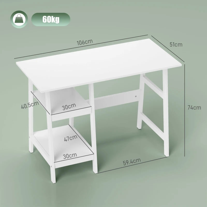 Compact White Computer Desk with Storage Shelves - Study Table & PC Workstation for Home Office, Easy Assembly, 106x51cm